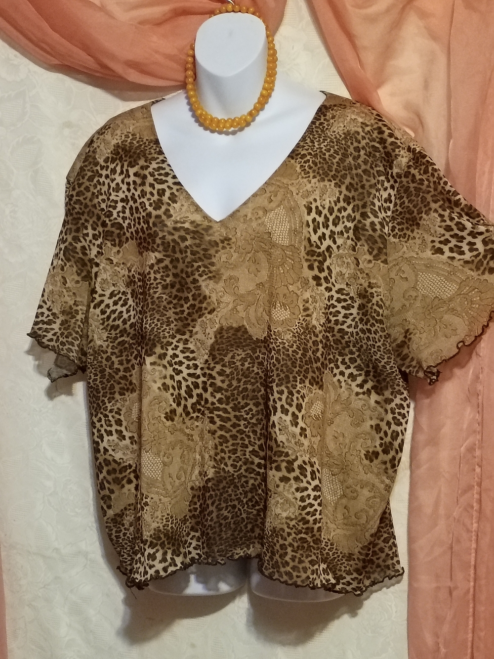 Josephine Chaus Ladies Brown Animal Print V-Neck Blouse Sz 2X
